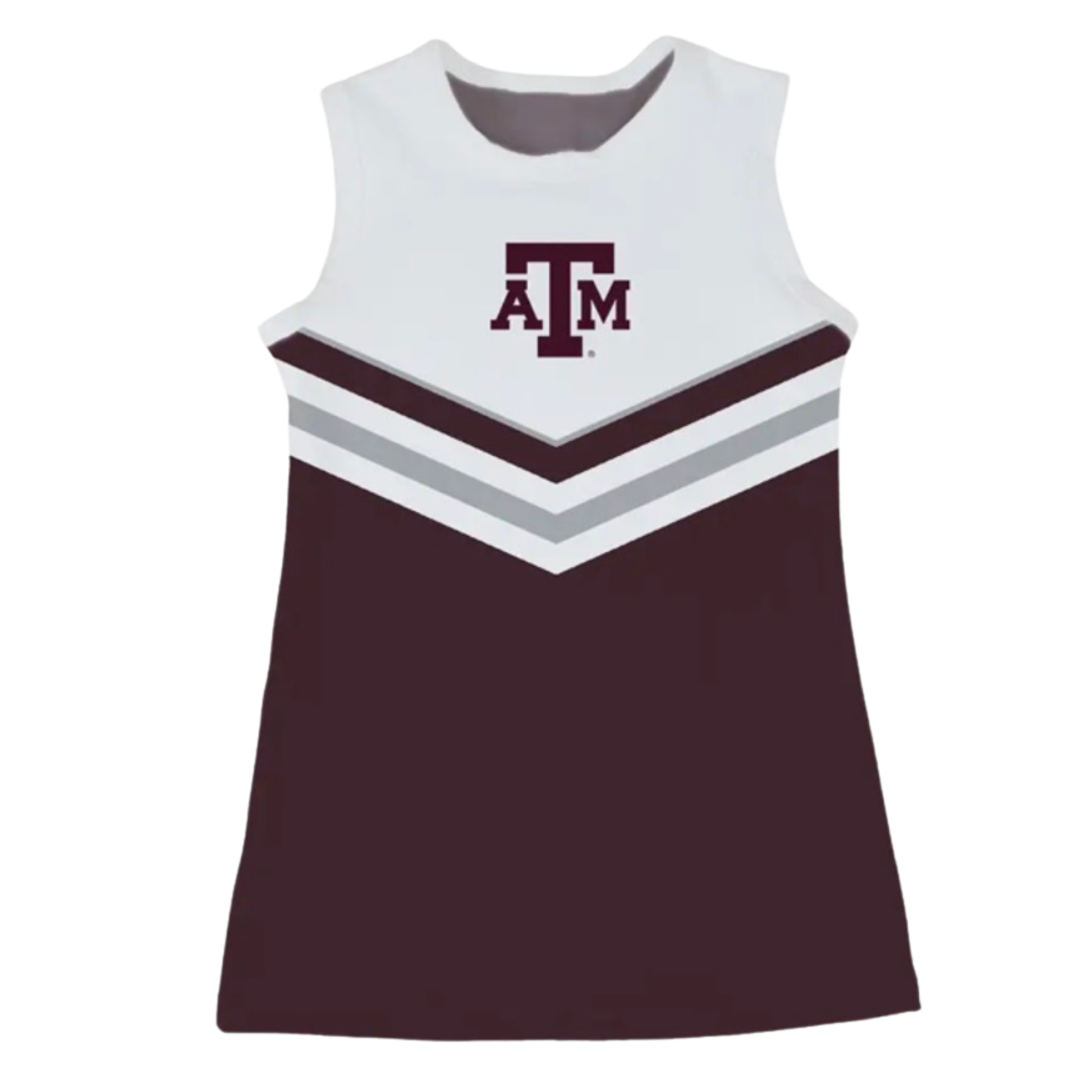 A sleeveless cheerleader-style dress with a white upper section featuring a maroon 'A&M' logo, and a maroon lower section with white and gray chevron stripes.