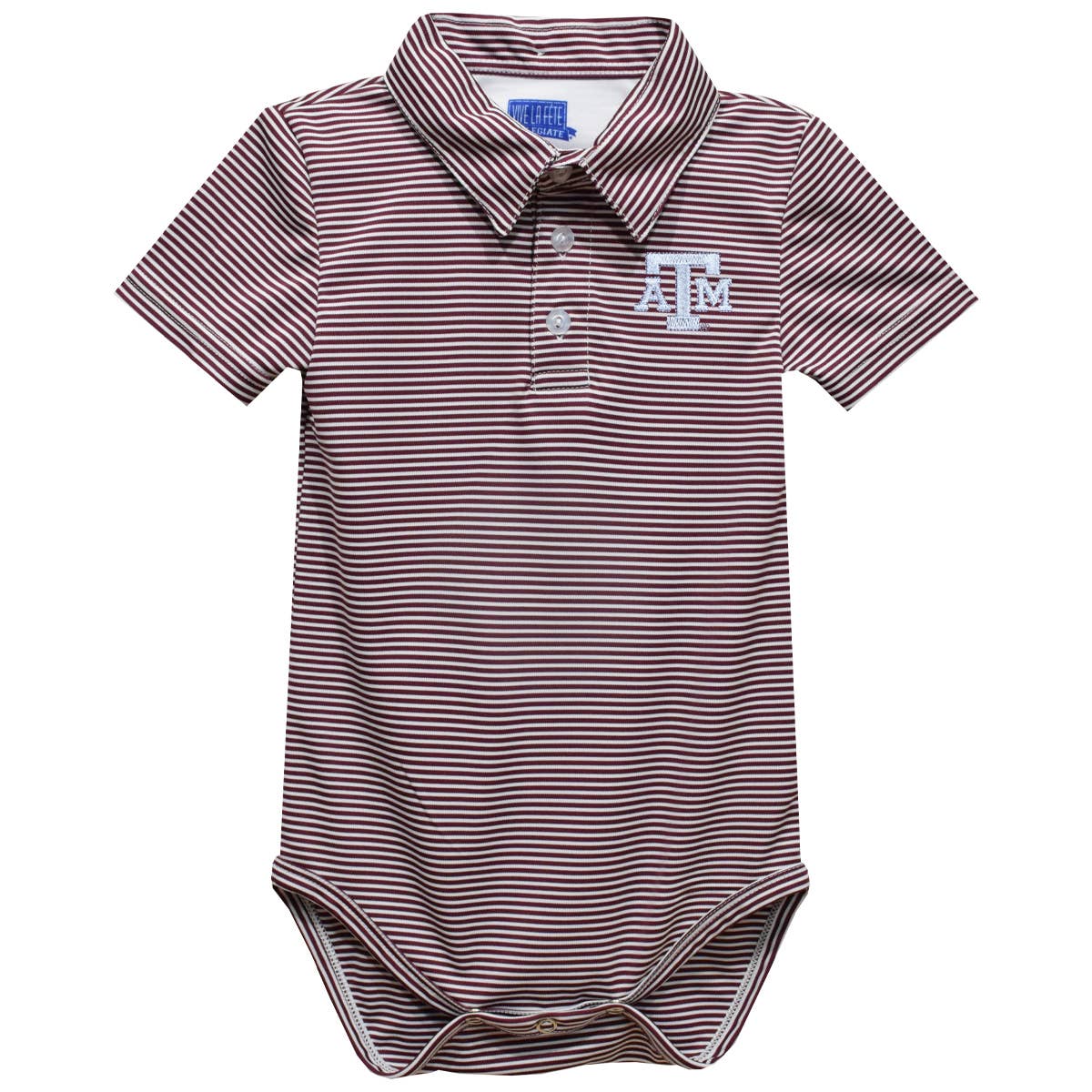 Striped baby bodysuit with logo on a white background