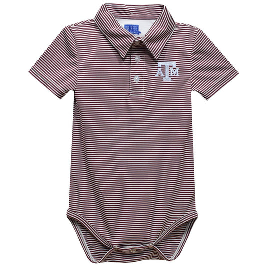 Striped baby bodysuit with logo on a white background