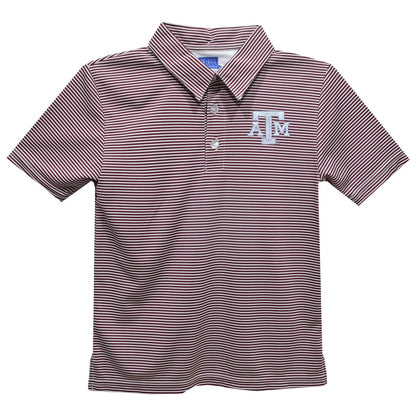 Striped polo shirt with a logo on a white background