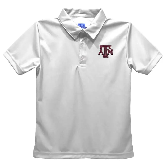 White polo shirt with a logo on the chest against a white background