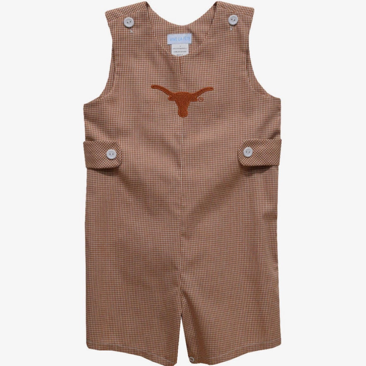 A brown and beige gingham baby romper featuring a brown embroidered Longhorn logo on the chest, displayed against a light gray background.