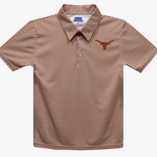 A short-sleeve polo shirt with fine horizontal brown and beige stripes, featuring a brown embroidered Longhorn logo on the left chest, displayed on a clean white background.