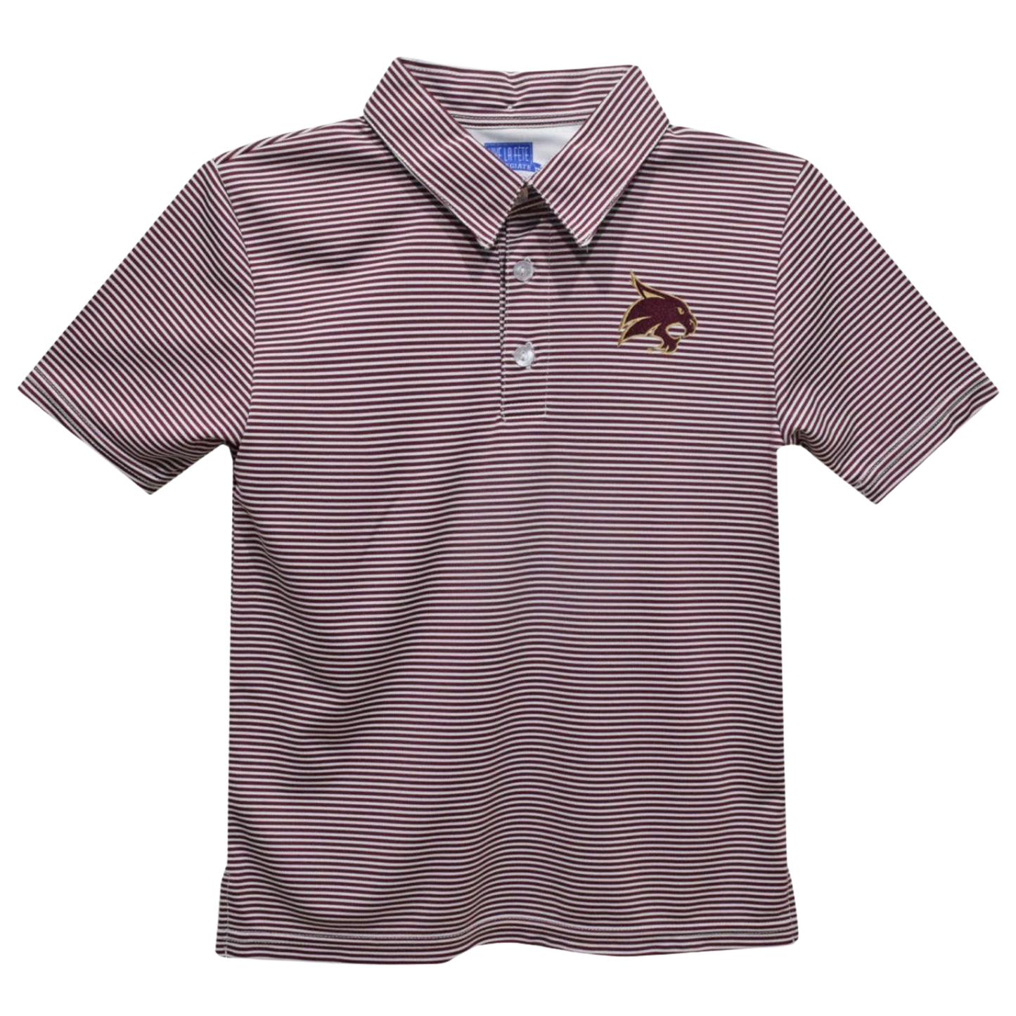 A short-sleeve polo shirt with thin horizontal dark stripes on a light pinkish-purple base, featuring a small embroidered maroon and gold wildcat logo on the left chest.