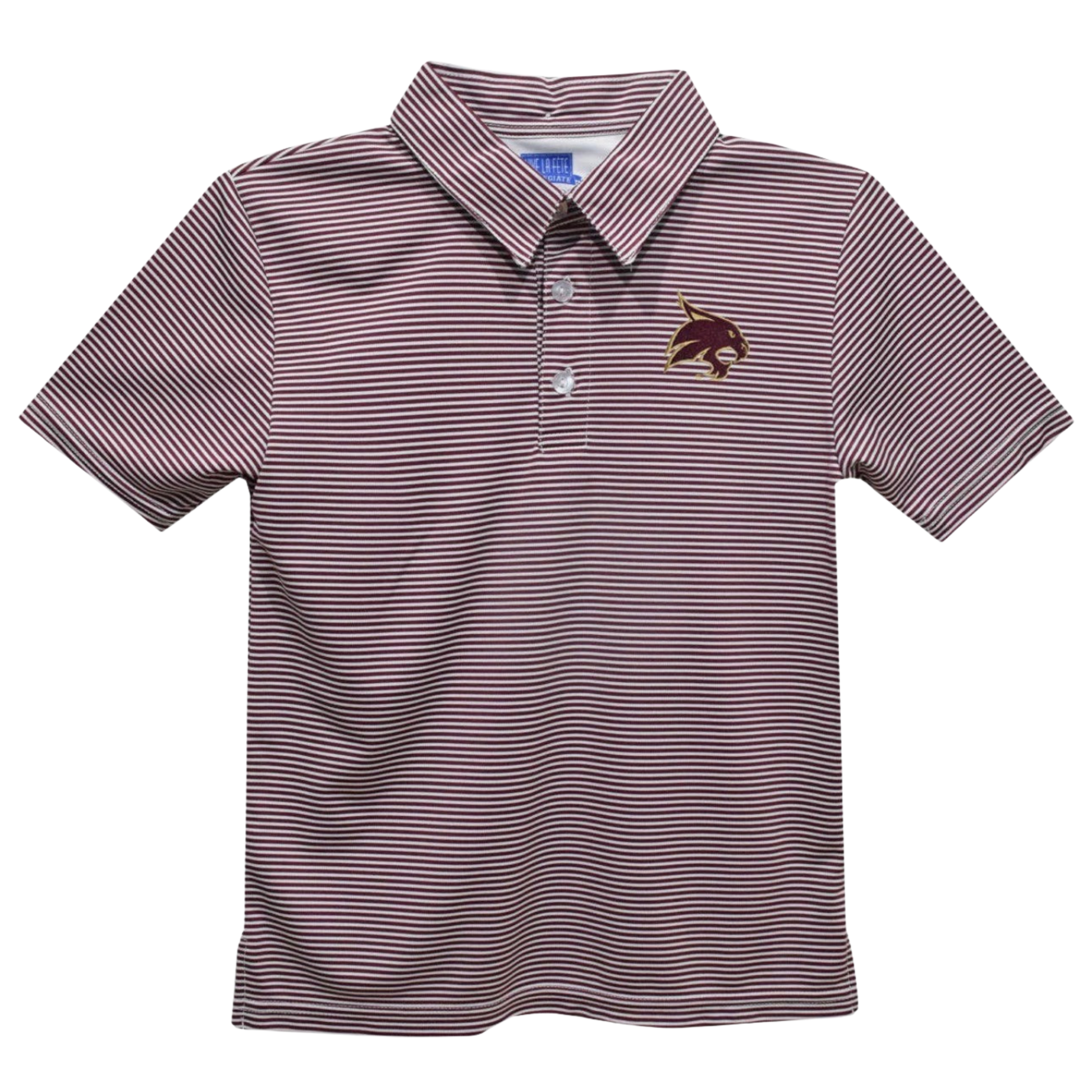 A short-sleeve polo shirt with thin horizontal dark stripes on a light pinkish-purple base, featuring a small embroidered maroon and gold wildcat logo on the left chest.