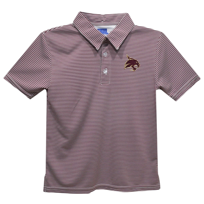 A short-sleeve polo shirt with thin horizontal dark stripes on a light pinkish-purple base, featuring a small embroidered maroon and gold wildcat logo on the left chest.