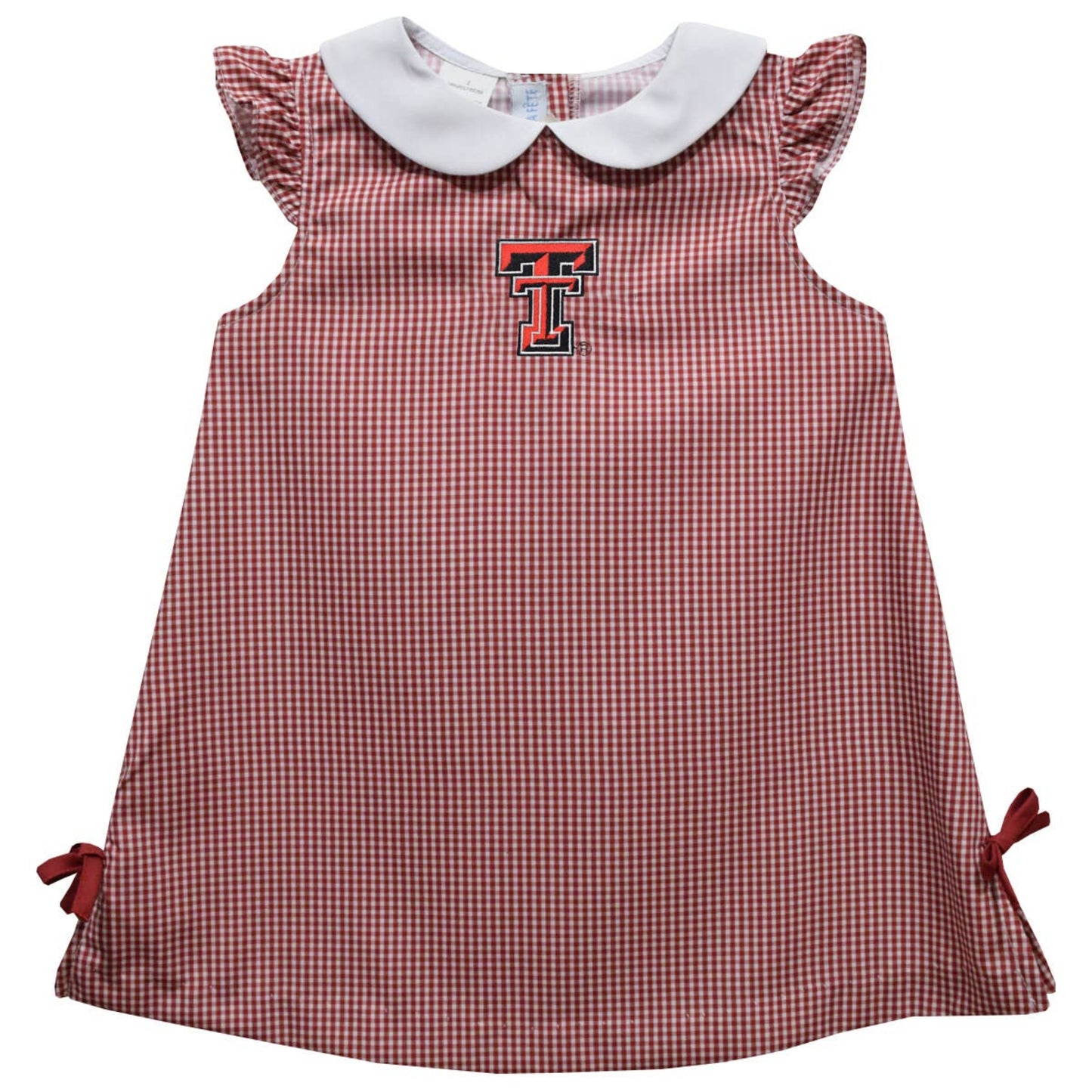 Red and white checkered dress with a collar and bow details on a white background