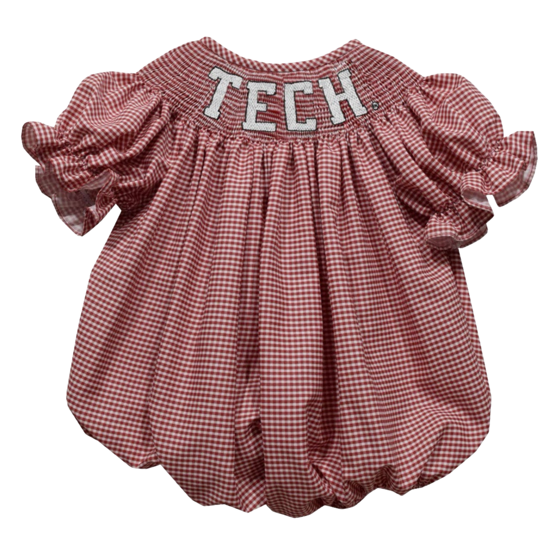 A toddler girl's short-sleeve romper in a red and white gingham pattern, featuring a smocked neckline with 'TECH' embroidered in white letters with a red outline.