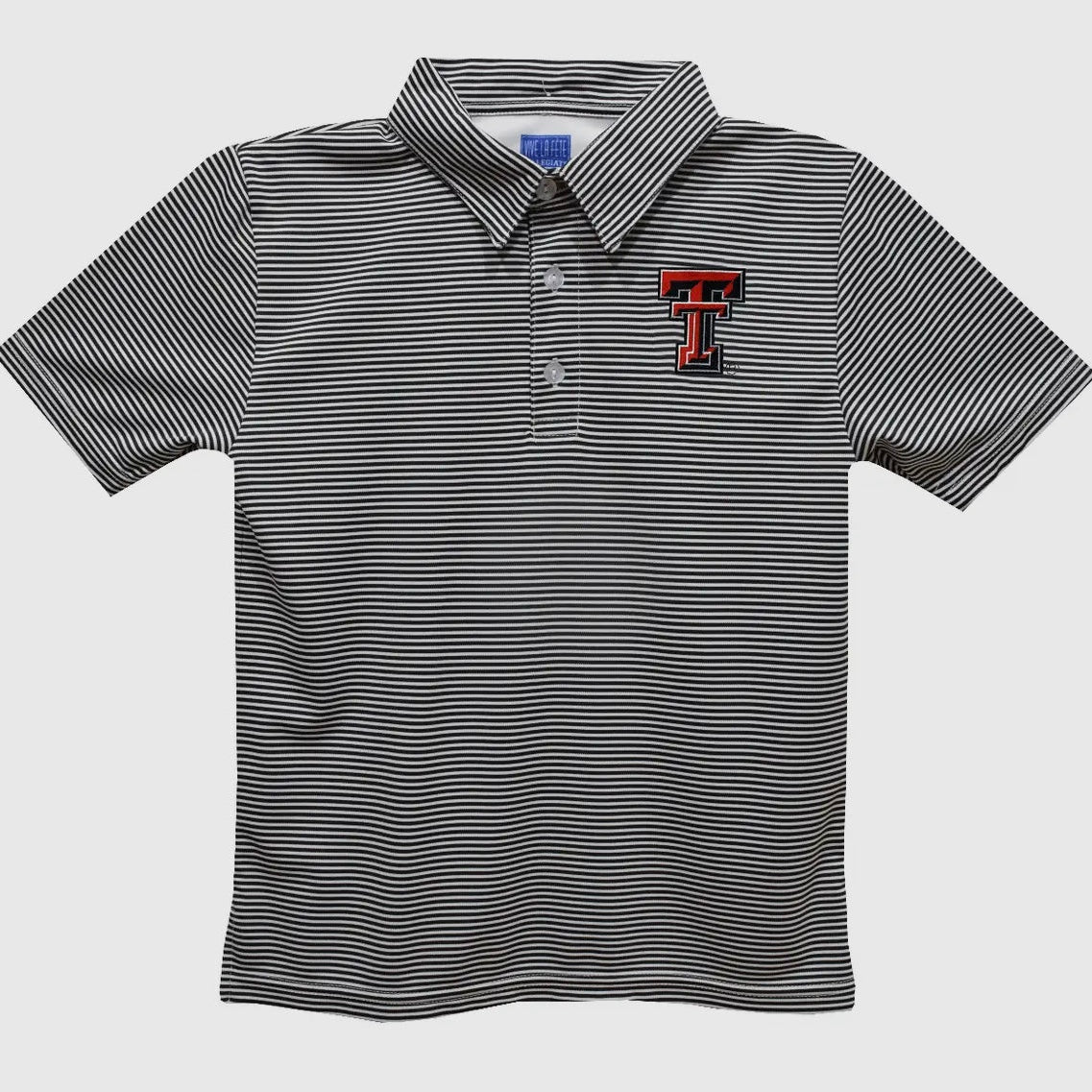 Black and white striped polo shirt with a logo on a light gray background