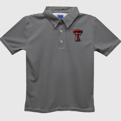 Black and white striped polo shirt with a logo on a light gray background