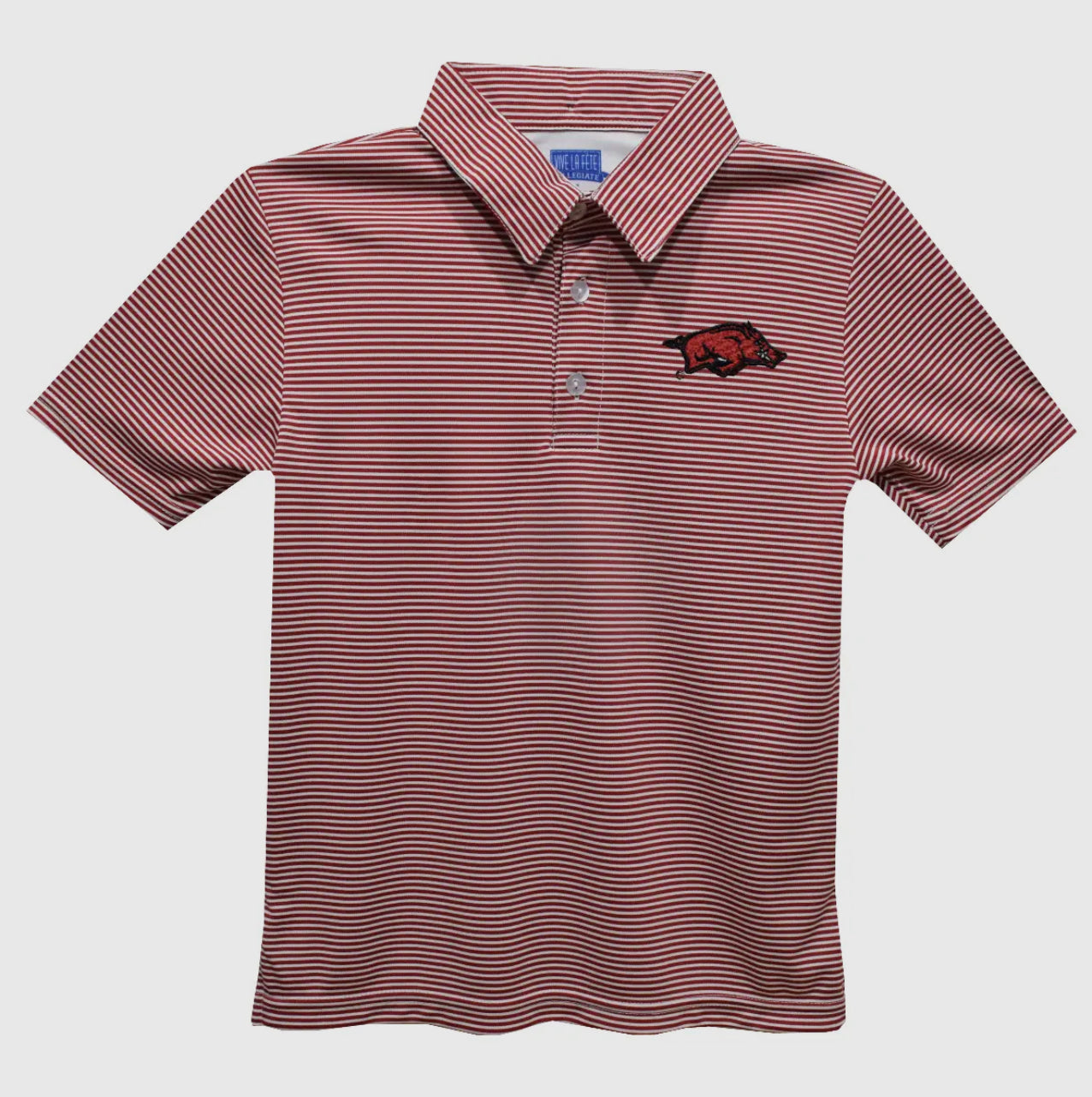 Maroon and white striped polo shirt with a logo on a light gray background