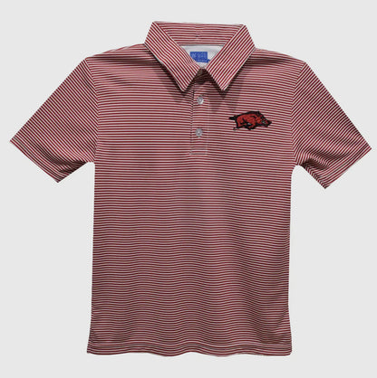 Maroon and white striped polo shirt with a logo on a light gray background