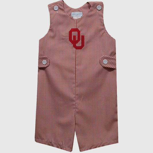 Red and white checkered romper with a logo on a white background