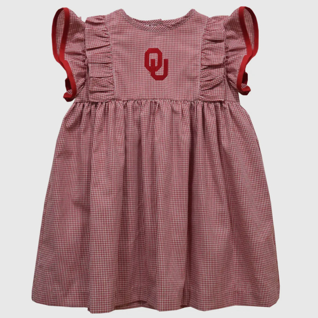 Red checkered dress with ruffled sleeves and a logo on a light gray background
