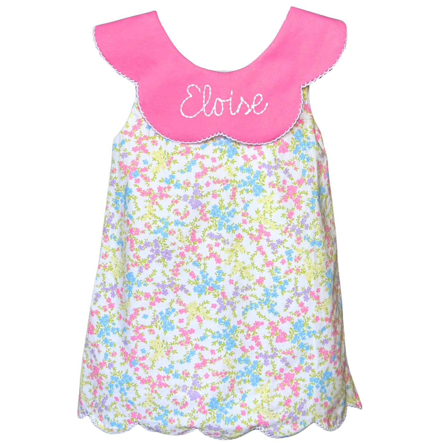 Embroidered Pink & Green Scallop Dress