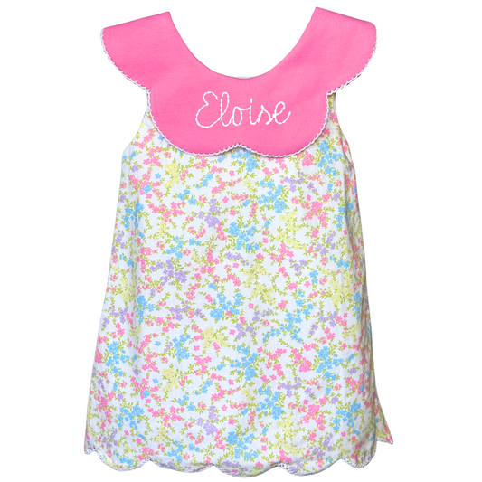 Embroidered Pink & Green Scallop Dress