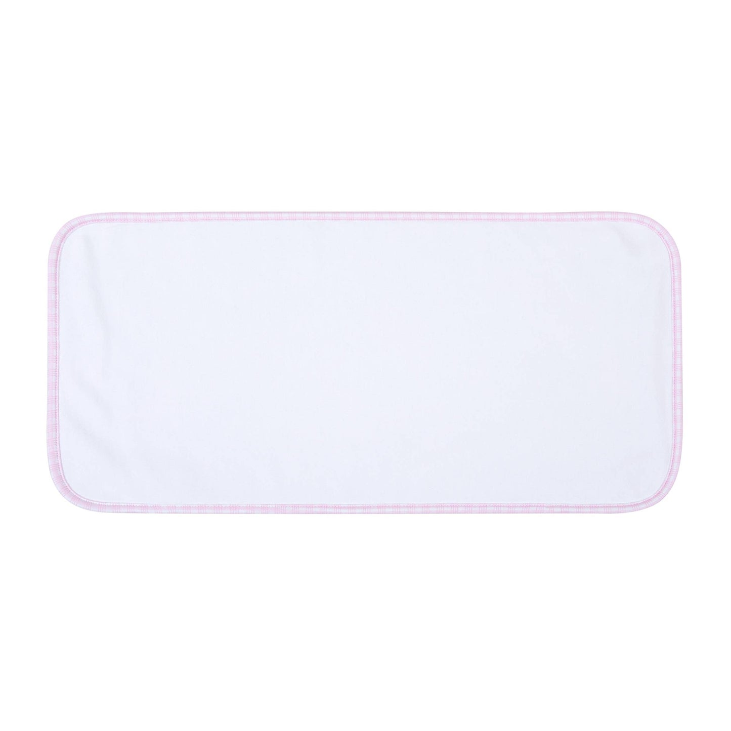 Rectangular white burp cloth with pink trim on white background