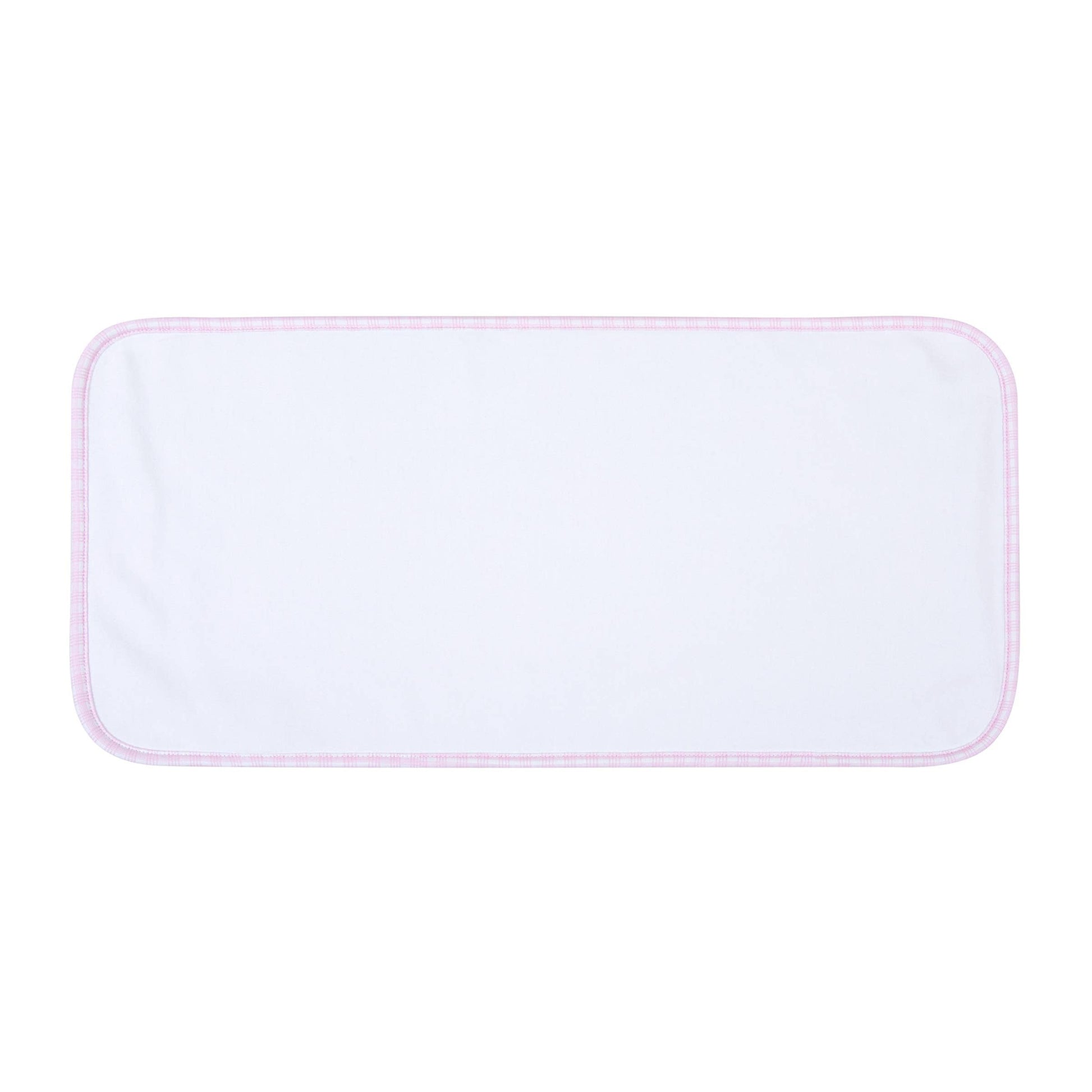Rectangular white burp cloth with pink trim on white background