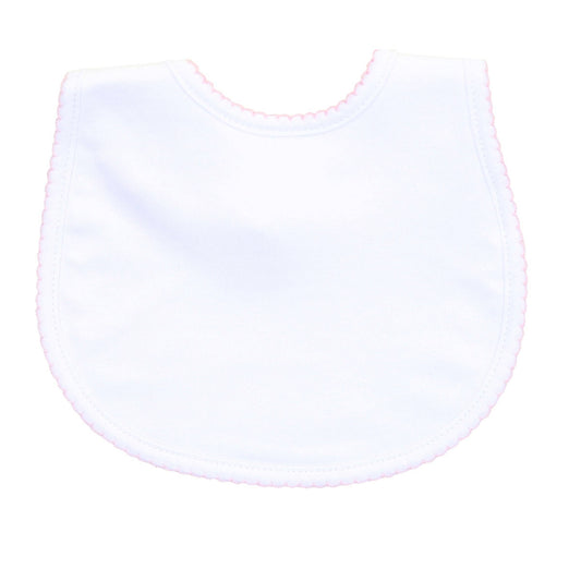 White bib with pink trim on a white background