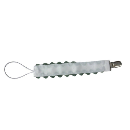 Gray keychain strap with a metal clip on a white background
