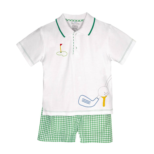 Children's golf-themed outfit with white polo shirt and green checkered shorts on a white background