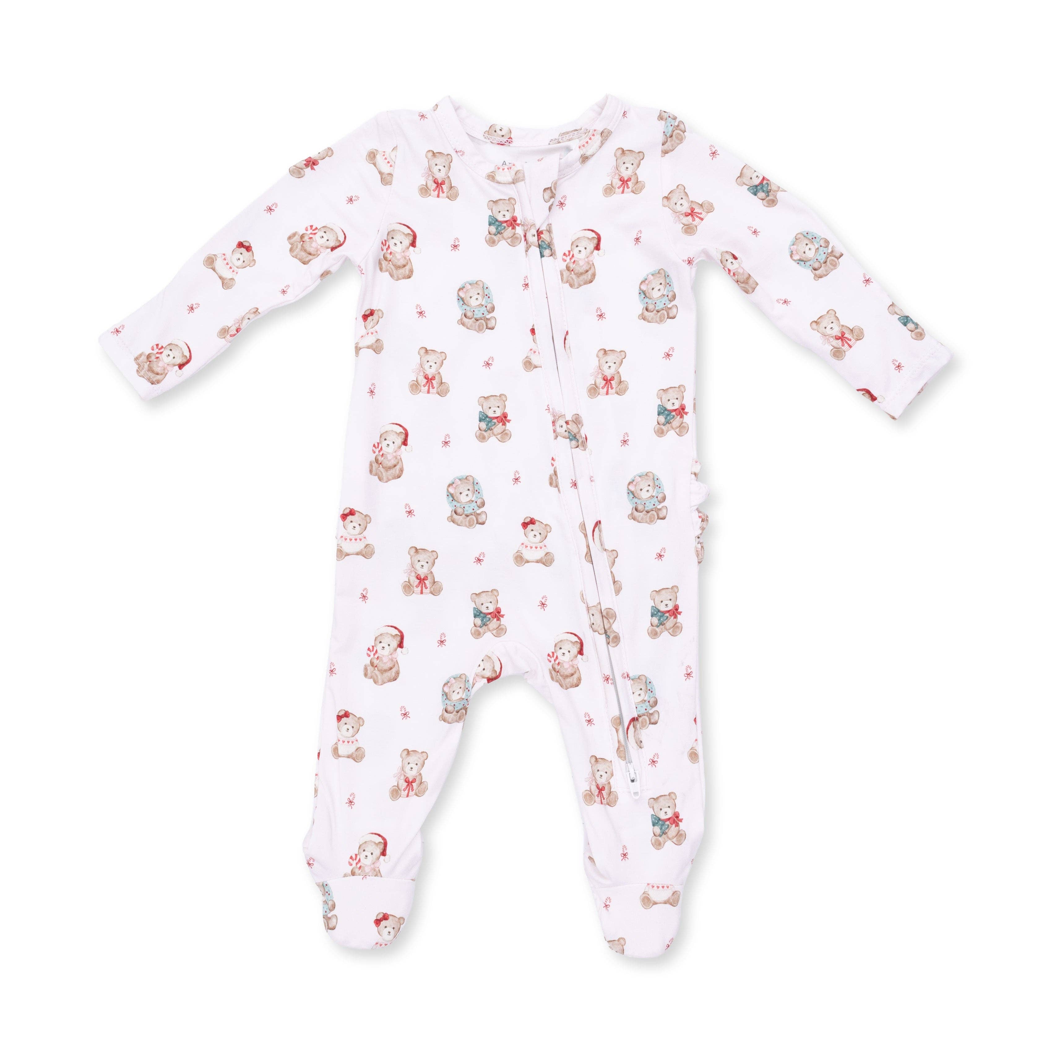 Christmas Teddy Bears Pink - 2 Way Ruffle Back Zipper Footie