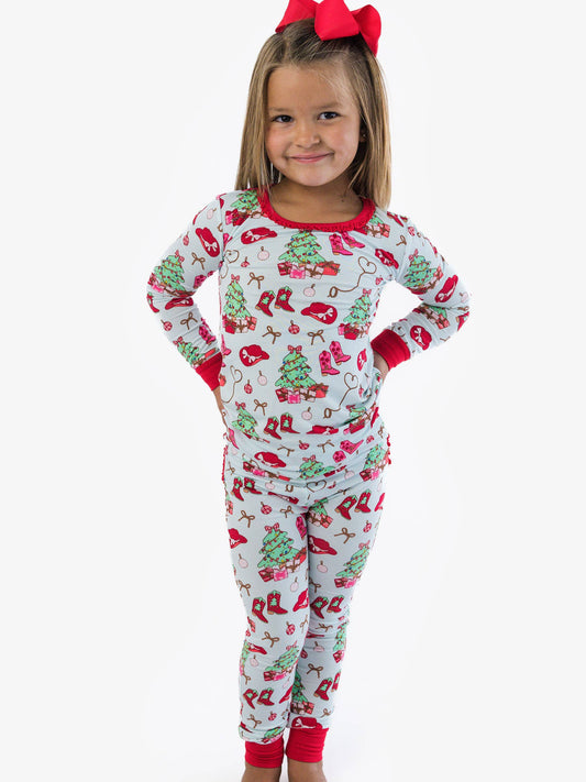 SoftSnooze™ Toddler Girls Bamboo Viscose Red Yuletide Yeehaw Ruffle Long Sleeve Pajama Set with Signature Rear Ruffles