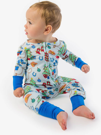 SoftSnooze™ Baby Bamboo Viscose Blue Yuletide Yeehaw Convertible One Piece Footie Pajama