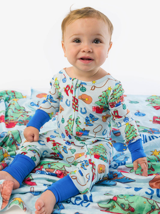 SoftSnooze™ Baby Bamboo Viscose Blue Yuletide Yeehaw Convertible One Piece Footie Pajama