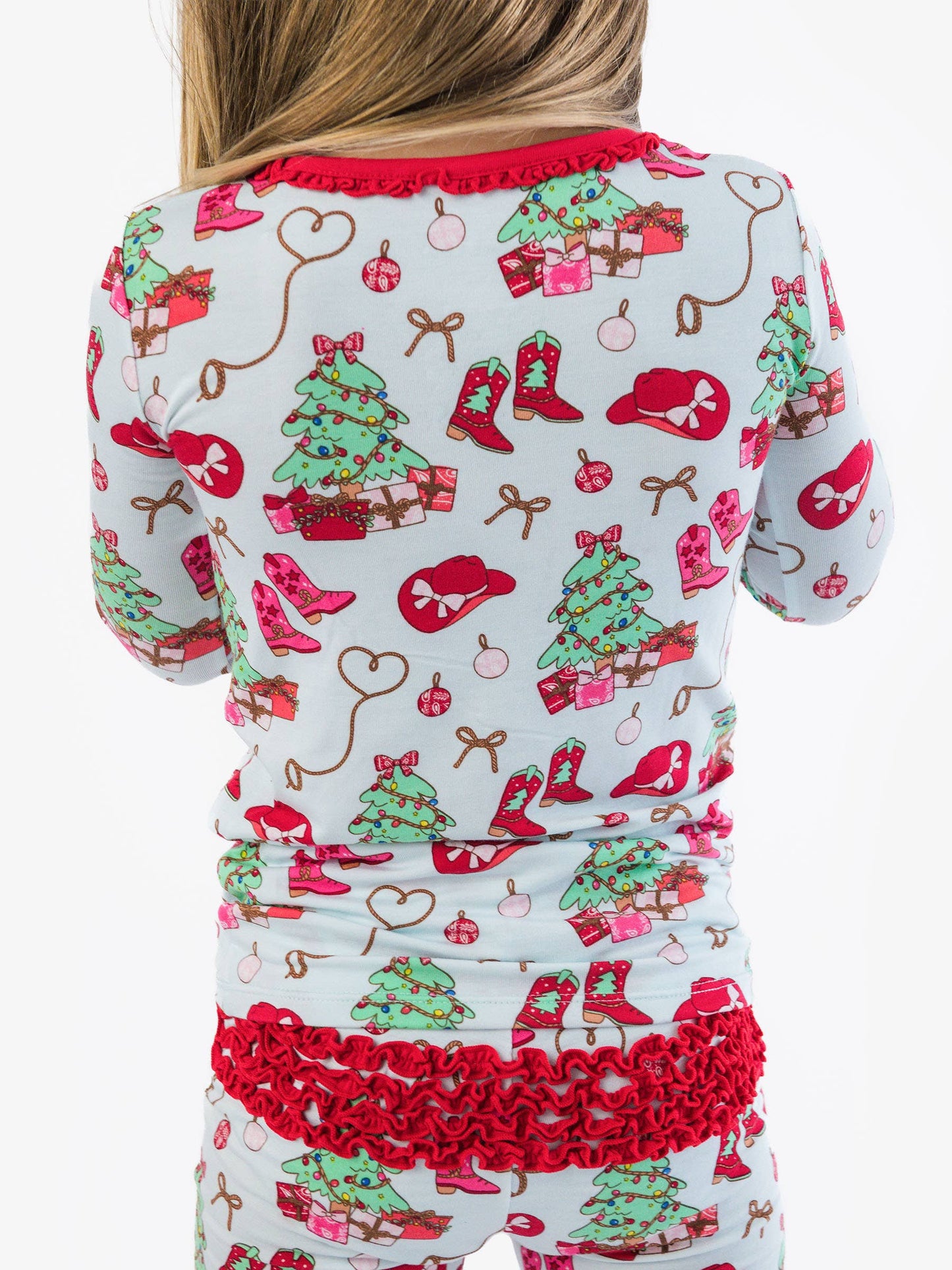 SoftSnooze™ Toddler Girls Bamboo Viscose Red Yuletide Yeehaw Ruffle Long Sleeve Pajama Set with Signature Rear Ruffles