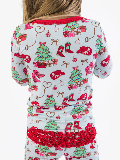 SoftSnooze™ Toddler Girls Bamboo Viscose Red Yuletide Yeehaw Ruffle Long Sleeve Pajama Set with Signature Rear Ruffles