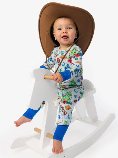 SoftSnooze™ Baby Bamboo Viscose Blue Yuletide Yeehaw Convertible One Piece Footie Pajama