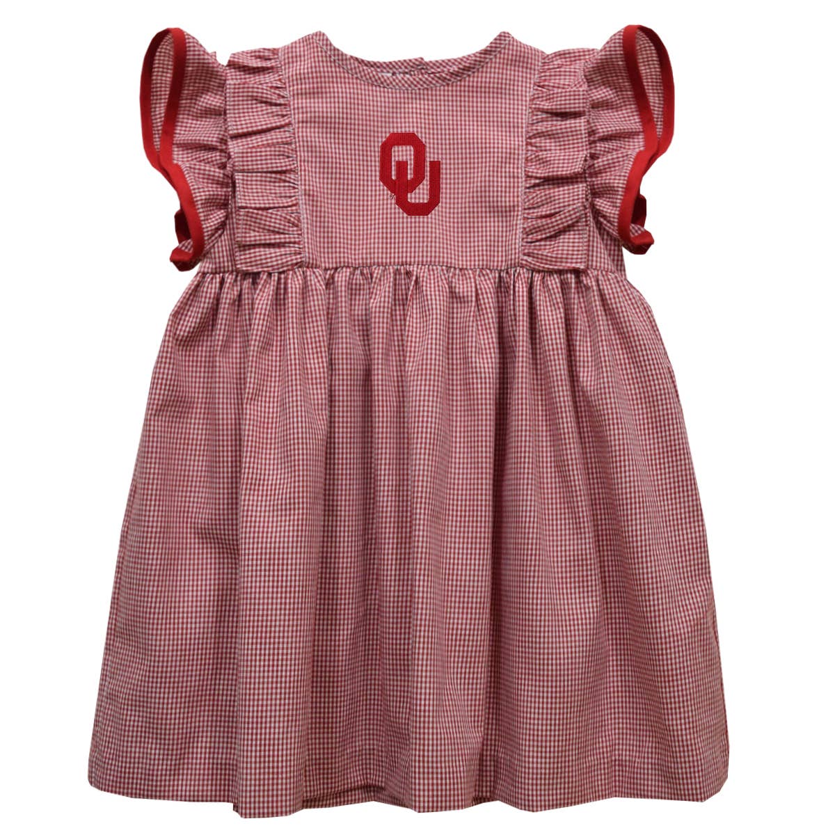 Red checkered dress with red accents and a logo on a white background